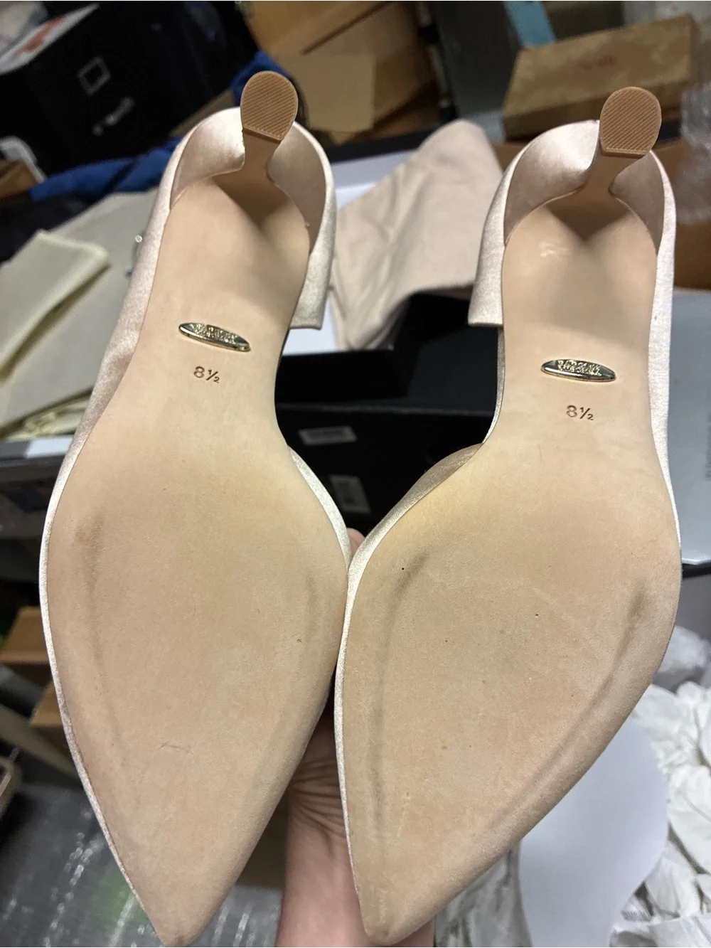 Badgley Mischka Champagne Satin Pointed Toe Pumps with Pearl & Crystal Buckle